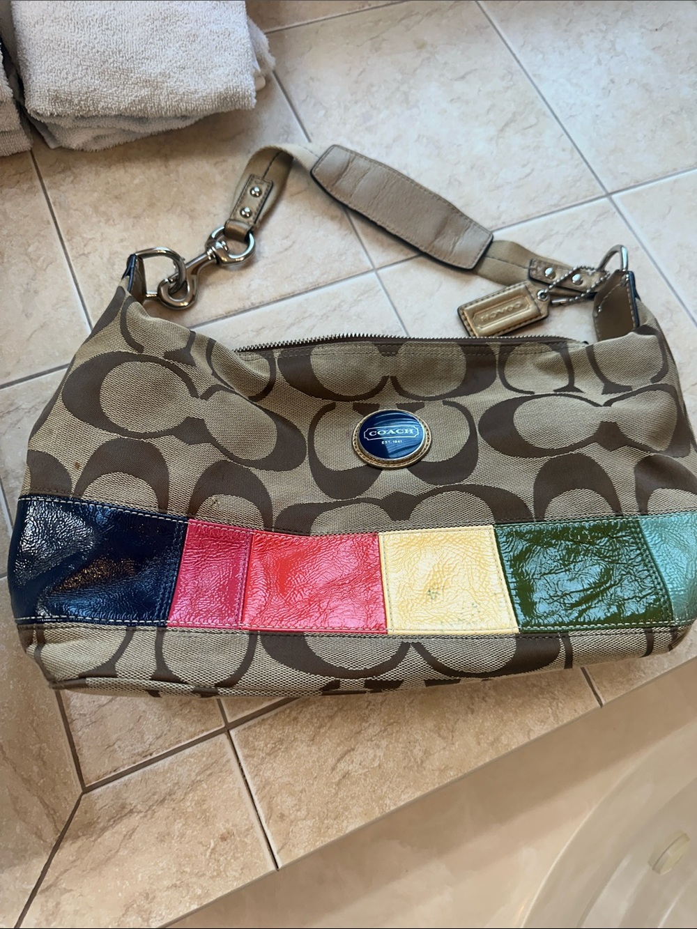 Coach Signature Canvas Hobo with Multicolor Patent Leather Trim